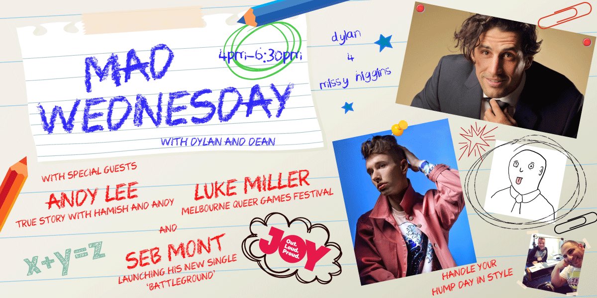 Join @dylanjoele &amp; I this arvo on <a href="/JOY949/">JOY Media</a> for plenty of mad fun as we share some true stories with <a href="/andy_lee/">Andy Lee</a>, find out about the Melbourne Queer Games Festival with @dodgyville &amp; <a href="/SebMontMusic/">SÉB MONT</a> premieres his new single ‘Battleground’ - all this n more from 4pm on #MADWednesday