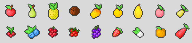 PlusleRin's tweet photo. I don't know what's a fruit and what's a berry anymore #pixelart #indiedev https://t.co/Gub77erjSI
