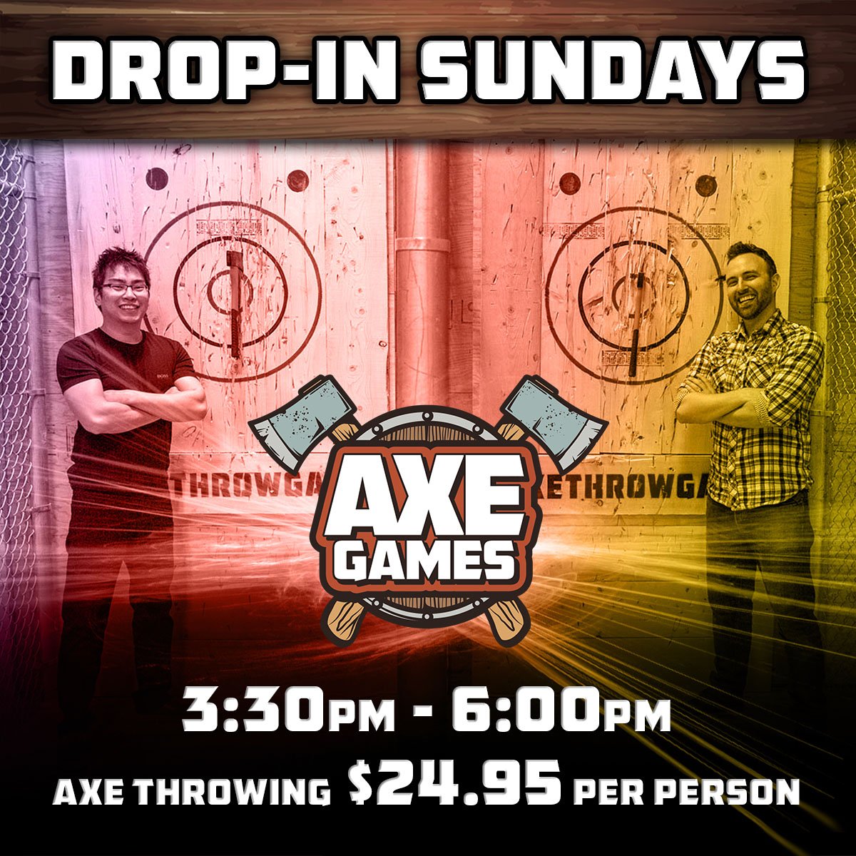 Drop-in Sundays are here from 3:30pm to 6:00pm at Axe Games Calgary!  Book ahead or just show up for $24.95 all you can play axe throwing. axegames.ca #axegames #axethrowgames #yyc #calgaryaxethrowing #sunday #dropinnight