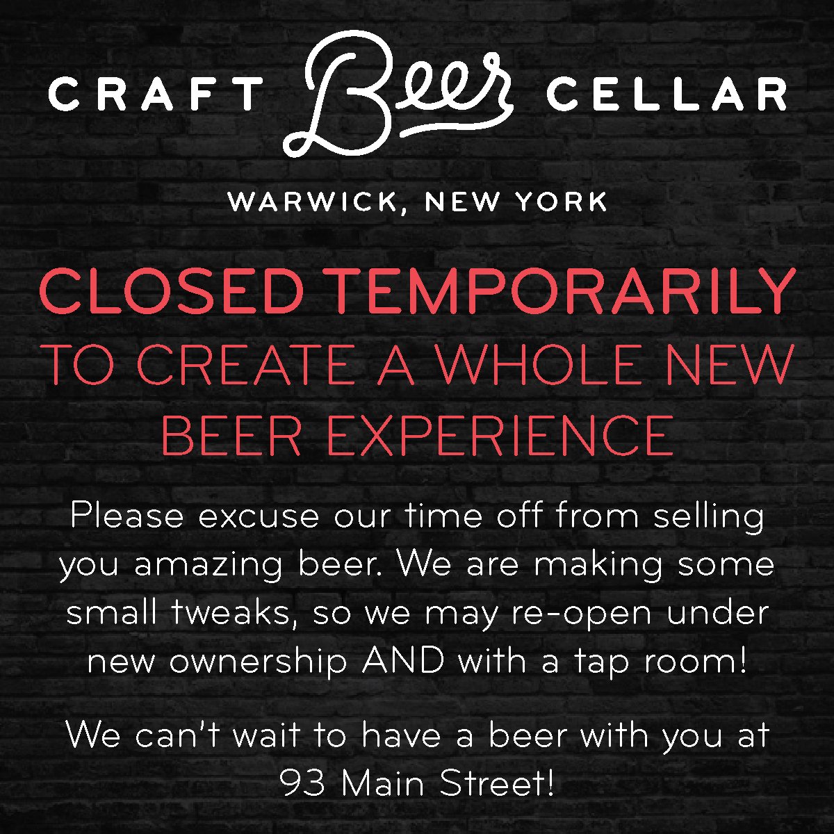 Stock up by 8 PM tonight!

We'll be temporarily closing to bring you a completely revamped CBC Warwick under new ownership. Psst...you'll be able to enjoy a beer on-site! Stay tuned!