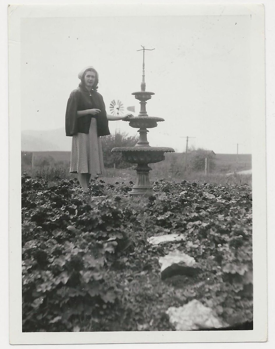 OKeefeRanch's tweet photo. Thanks again to everyone who helped us raise $$ to repair our historic fountain. If you haven't come out to see it running, you're missing out! (Here's Betty O'Keefe standing next to it in 1948 when she was just 24 years old 😍) #okeeferanch https://t.co/NO9STwgaf2