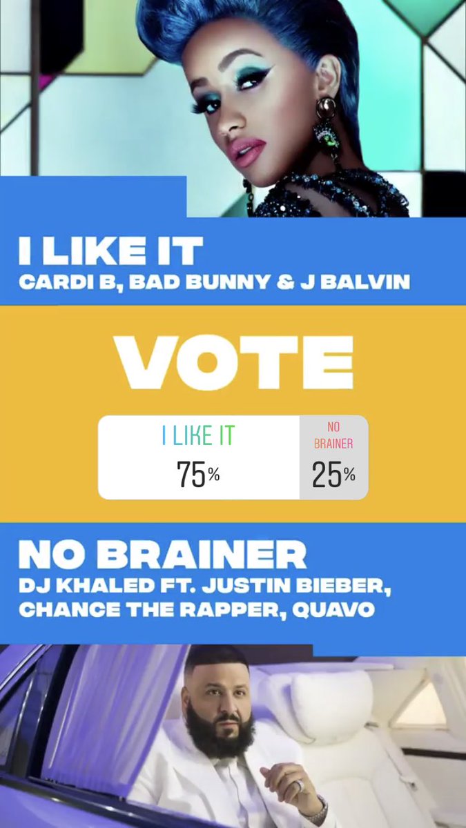 JBCrewdotcom's tweet photo. No Brainer by DJ Khaled ft Justin Bieber, Chance the Rapper and Quavo is nominated for Song of the Summer at the VMAs. You can vote on @MTV’s Instagram Stories so they can make it to the next round. Voting for this round closes tomorrow. https://t.co/Qvv4bVKUWQ