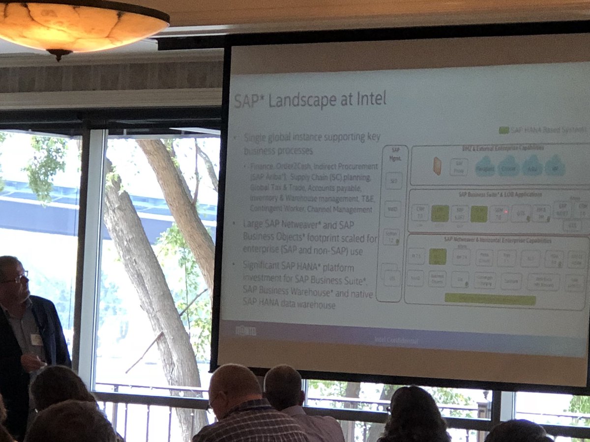 KeepDataClean's tweet photo. Mick Patterson from Intel #SAPDataSummitWI showcasing all the different areas SAP is in Intel’s landscape. Just some of the SAP products Intel is using are #SAPDataServices, #SAPInformationSteward, #HANA, and the list goes on and on. https://t.co/XrfJ8fgXwZ