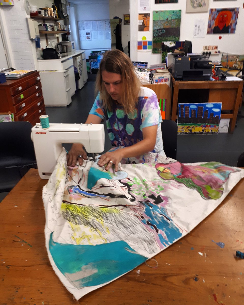 hawkwind1986's tweet photo. Trying my hand at some sewing with the help of @dahlialw #canvas #collage #collab @mattbray1 #artrack #sewingmachine #painting #art https://t.co/2C4vWkyh7K