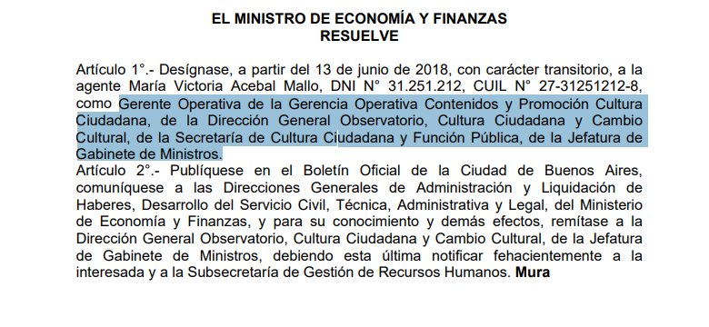 Al fin!

Tenemos Gerente Operativa de la Gerencia Operativa Contenidos y Promoción Cultura Ciudadana, de la Dirección General Observatorio, Cultura Ciudadana y Cambio Cultural, de la Secretaría de Cultura Ciudadana y Función Pública, de Jefatura de Gabinete de Ministros de CABA.