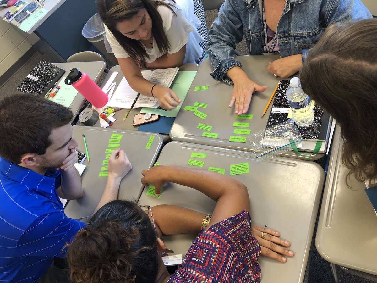 HCPSSElemSci's tweet photo. Would u b able 2 identify the @OfficialNGSS three dimensions? Educators new 2 @HCPSS work 2gether at #HoCoNTO sci curriculum session 2 complete an open sort. Shhh, don’t tell them, the cards r the SEPs, CCCs, & DCIs. This will not be the last time they see the three dimensions! https://t.co/lsLwYVPWE8