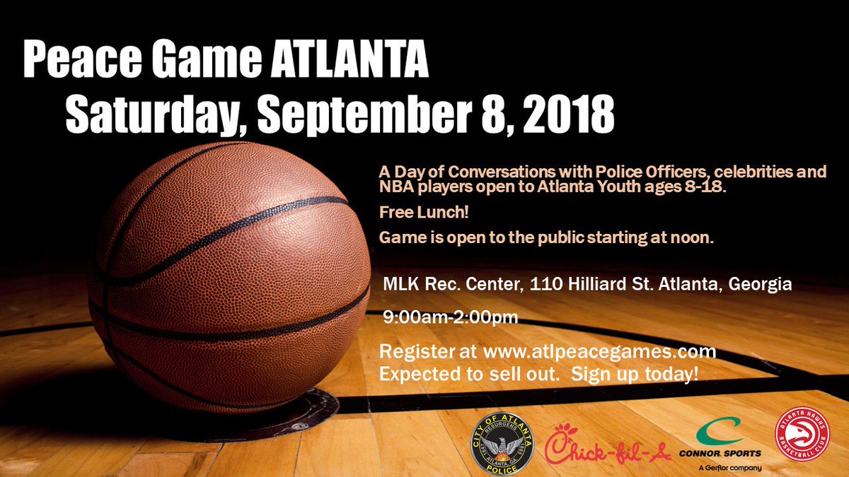 APDBeth's tweet photo. It's Back! Conversation with @Atlanta_Police Cops &amp; a Celebrity Basketball game with former @ATLHawks for Atlanta youth 8-18. Join us for the Peace Games on 9/8/18.  Visit here to register for FREE. https://t.co/mkOGNWA15s  @Connor_Sports https://t.co/1xXD36OzJe