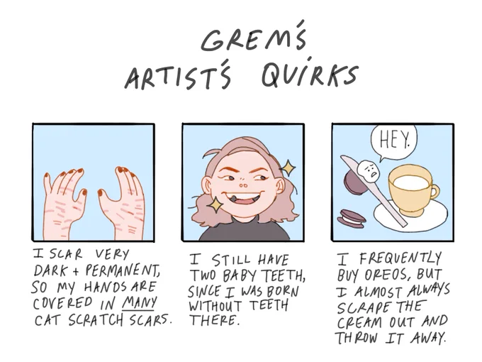 extremely dingus but can there be a #artistsquirks meme where people illustrate  some of their silly and unrelated personality/appearance quirks??? ? idk i just really want to know about everybody's goofy and unknown traits 