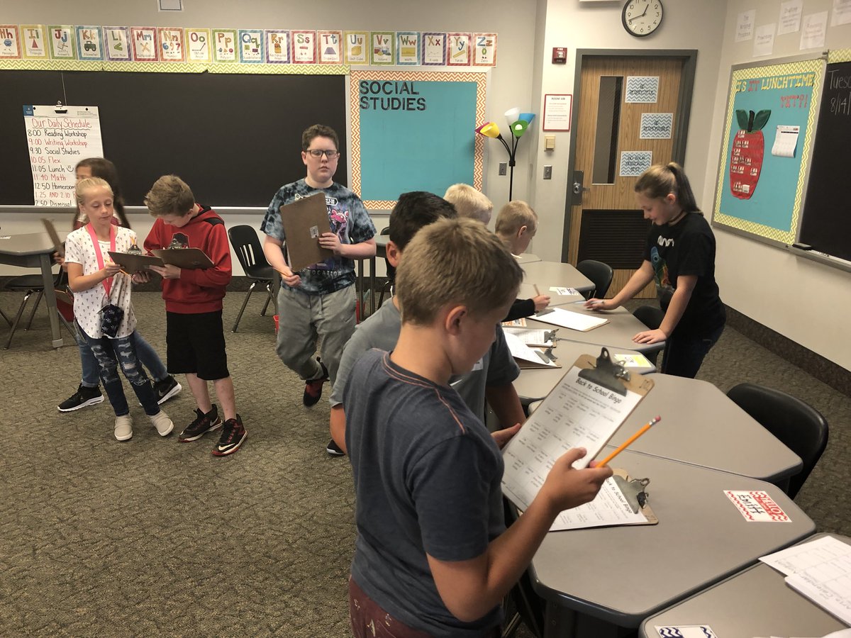 MJTeaches5th's tweet photo. Getting to know each other with Back to School BINGO! #BHMSD https://t.co/XAaLk702kH