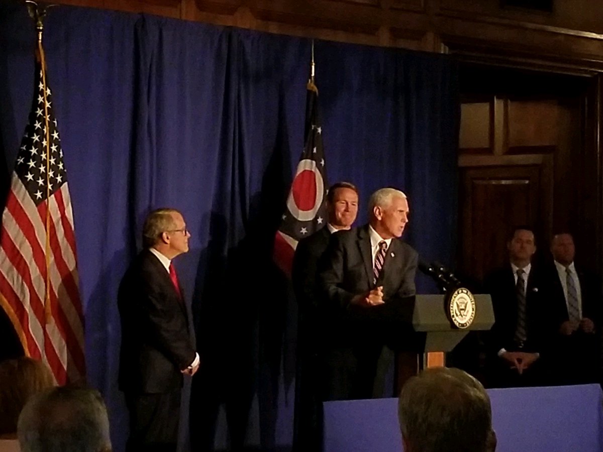 MikeDeWine's tweet photo. Welcome back to Ohio @VP Pence! Thank you for supporting @JonHusted &amp; me as we work to win a brighter future for every Ohioan. #OHGov https://t.co/lDVavy7FlE