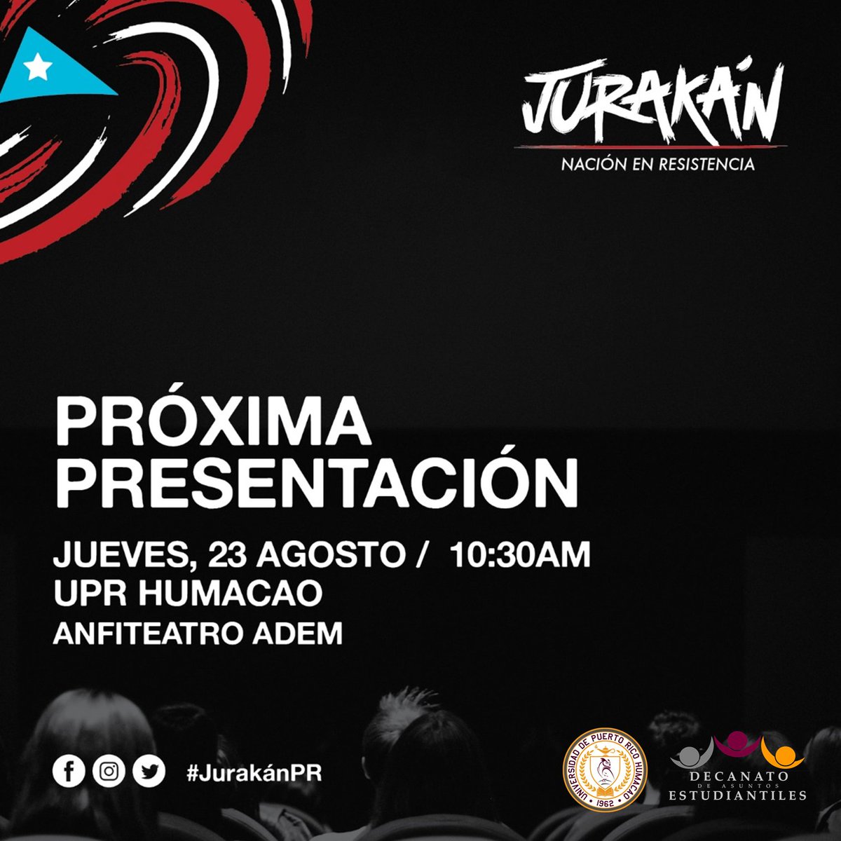 EstudiantilUPRH's tweet photo. #ActividadesCulturales | La Oficina de Actividades Culturales te invita a la presentación del documental "Jurakán". A presentarse el 23 de agosto de 2018 a las 10:30am, en el Anfiteatro de Ciencias Administrativas.

#SiempreBúhos https://t.co/Kyef79c4sj