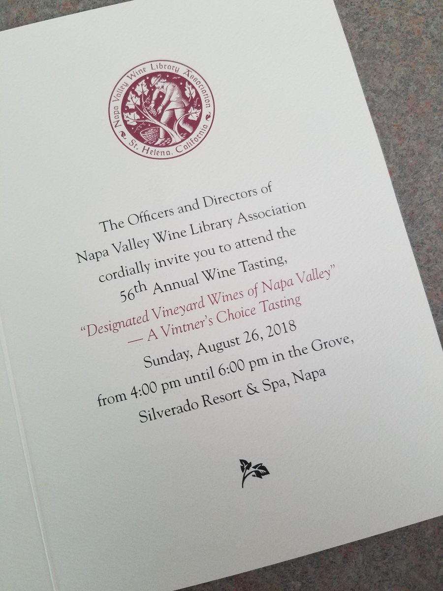 NapaWineLibrary's tweet photo. Have you received your Napa Valley Wine Library invitation to this year's 56th Annual Wine Tasting? If not, click the website link in our profile for all the details and to purchase your tickets for this time honored tradition. Hope to see you at @SilveradoResort on 8/26! 🍷 https://t.co/R8Y1OdA6DX