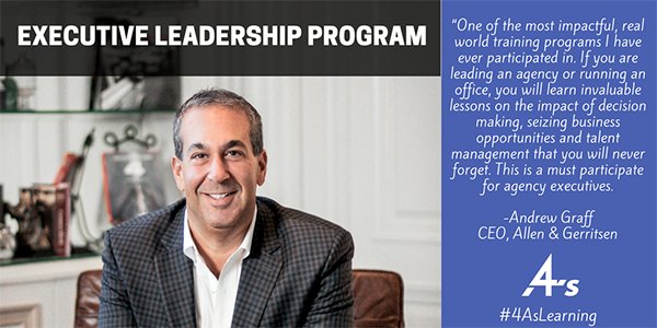 4AsLearning's tweet photo. 📢 AGENCY EXECUTIVES: Learn how to survive executive leadership in the @4As Executive Leadership Program, Oct 9-11, NYC - Hear from alumni like @andrewgraff @allengerritsen #4AsLearning Enroll Today: https://t.co/d3oMTjsxoU https://t.co/0A0zefDHDT