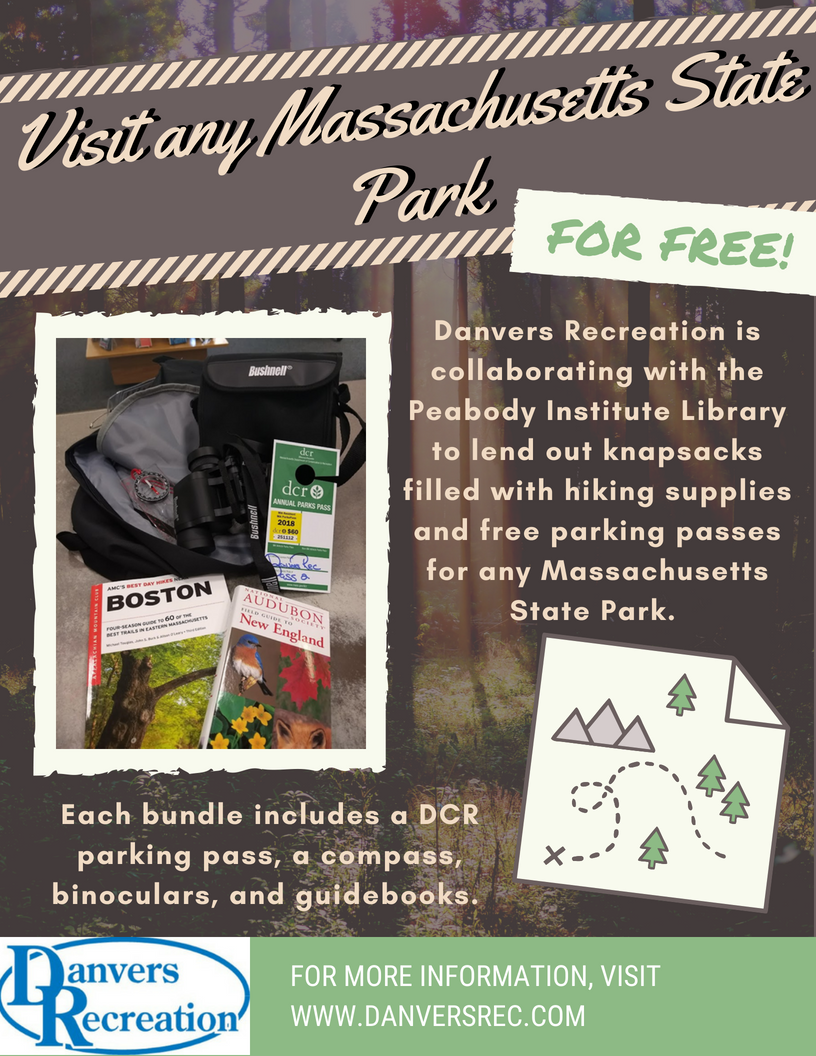 DanversRec's tweet photo. Danvers Recreation is collaborating with the Peabody Institute Library to lend out knapsacks filled with hiking supplies and free parking passes for any Massachusetts State Park. Each bundle includes a DCR parking pass, a compass, binoculars, and guidebooks. https://t.co/ryCY9n6kmc