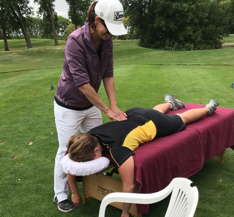 CSAM_Manitoba's tweet photo. Stop in at hole 9 for a nice relaxing massage from Shona Schofield, registered Massage Therapist. We aim to please at the #CSAMClassic2018 https://t.co/rh7JRb9sS6