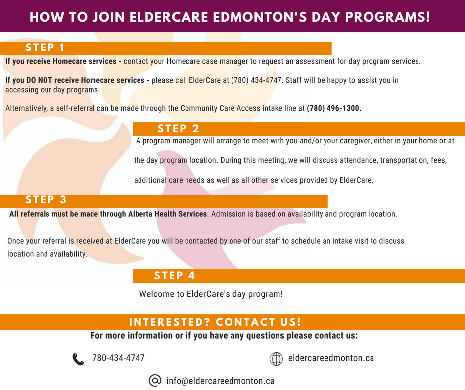 Do you or someone you know want to join #ElderCare's Day Program? Here's a bit of info on how to join us! #yegseniors #caregiversab #caregiversyeg #yeg