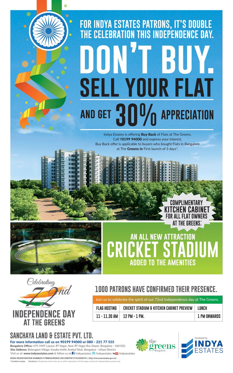 IndyaEstates's tweet photo. Celebrate This 72nd Independence day with Indya Estate 
For more info call on 9019994000 or 080-22177555 #Indyaestates #Thegreens #HappyIndependenceDay2018 https://t.co/6HJmK49wI4