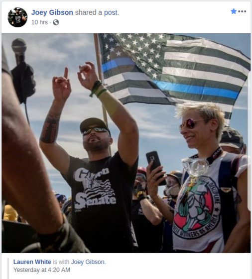 Joey Gibson posts a photo of himself with Lauren Barrett (aka Lauren White), one of the racist far-right activists involved in making fascist arson threats against a Berkeley CA bookstore in May 2018. More info can be found in our  #DoxxAllYourBoys series  https://rosecityantifa.org/articles/pb-4/#rob-cantrall