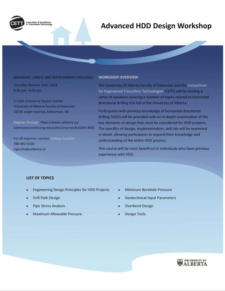 Registration is open for our Advanced #HorizontalDirectionalDrilling (HDD) Design Workshop coming up in October! Register through our Faculty of Extension here: lnkd.in/dZjaDG7 #CETTUAlberta #UAlberta #HDD #Trenchless #Technologies