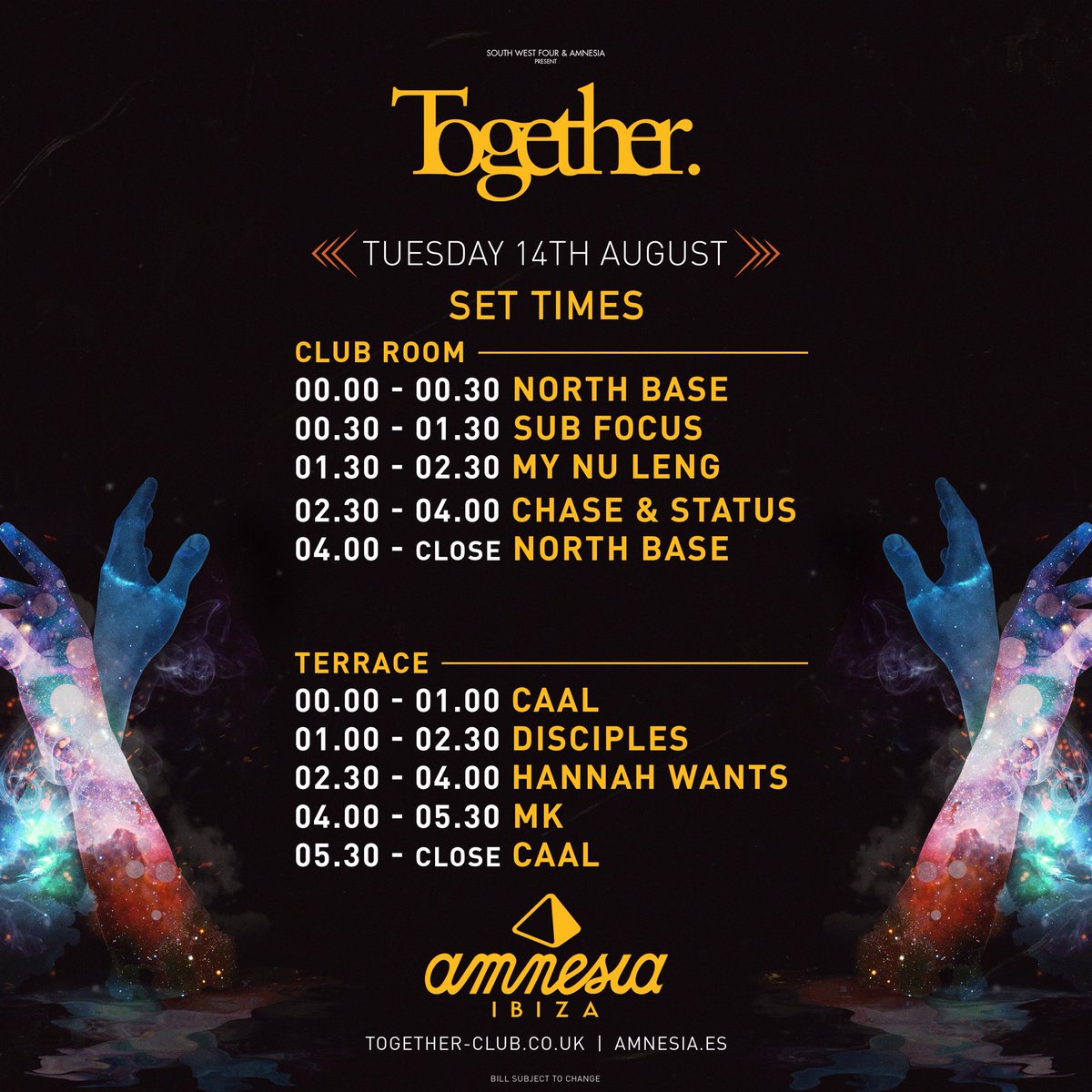 Togetherclub's tweet photo. Together β Week 11 β Tuesday 14th Aug β Amnesia Ibiza
β₯ Club Room: Chase & Status β’ Sub Focus β’ My Nu Leng β’ North Base
β₯ Terrace: MK β’ Hannah Wants β’ Disciples β’ CAAL
Tickets β« https://t.co/Iayo2xzRdy
#LetsDanceTogether #NotYourAverageTuesday https://t.co/xjpf3BEkKI