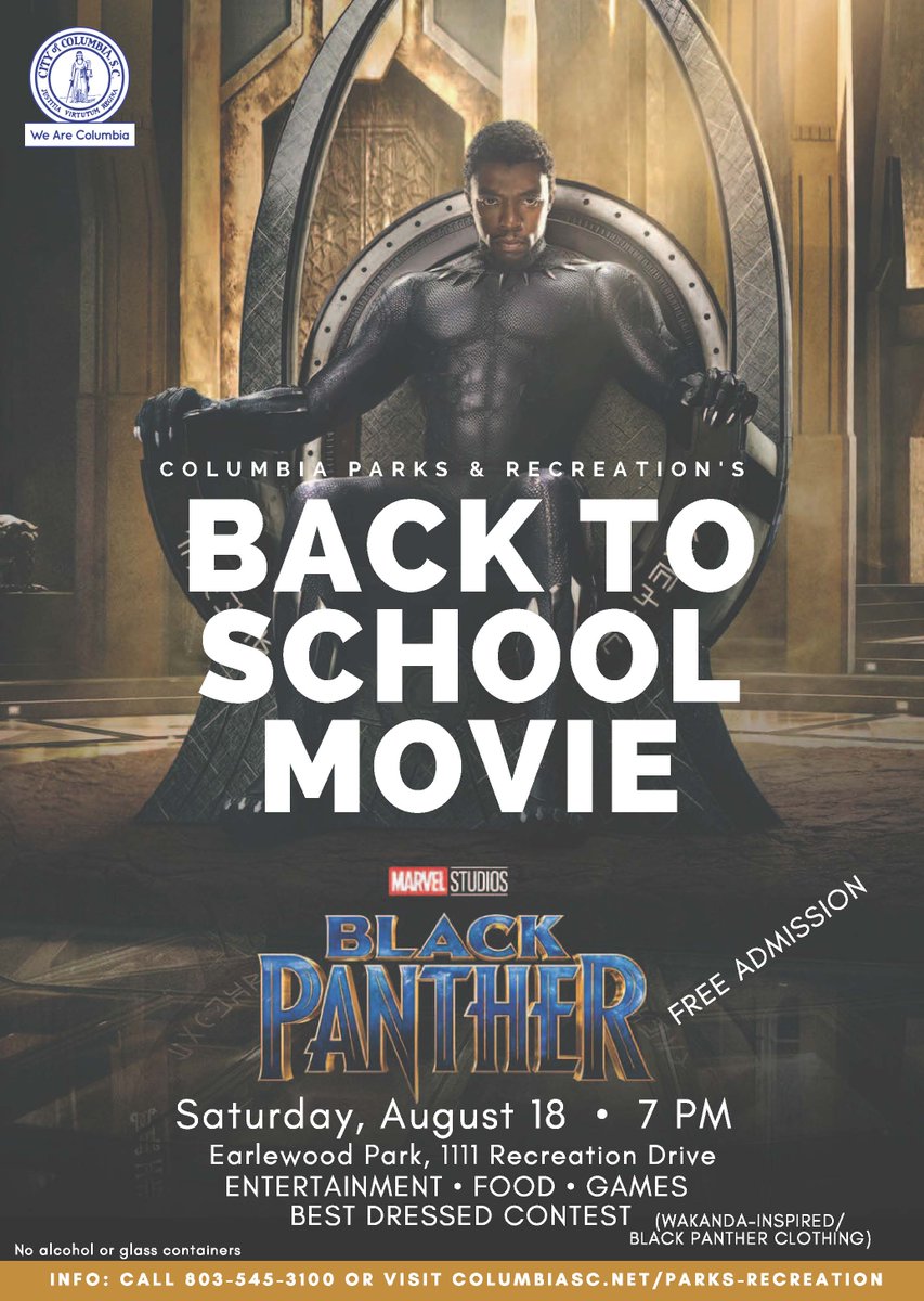 ColaSCParksRec's tweet photo. We're showing Marvel Studios' Black Panther on Saturday, August 18 to kick off the new school year! https://t.co/YekZMhjuio #playexploregrow #marvel #blackpanther #backtoschool https://t.co/26WFJCfblJ