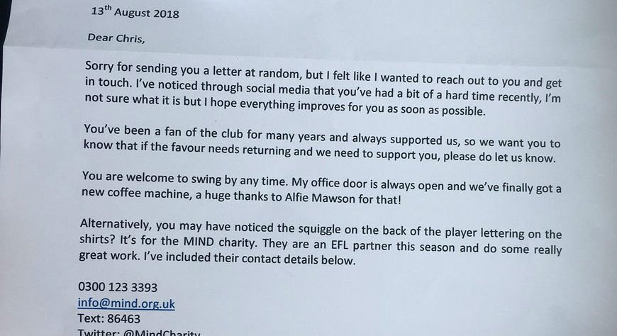 Barnsley football boss sends "out-of-the-blue" letter supporting long-standing fan who is battling depression: bbc.in/2MrVYRh