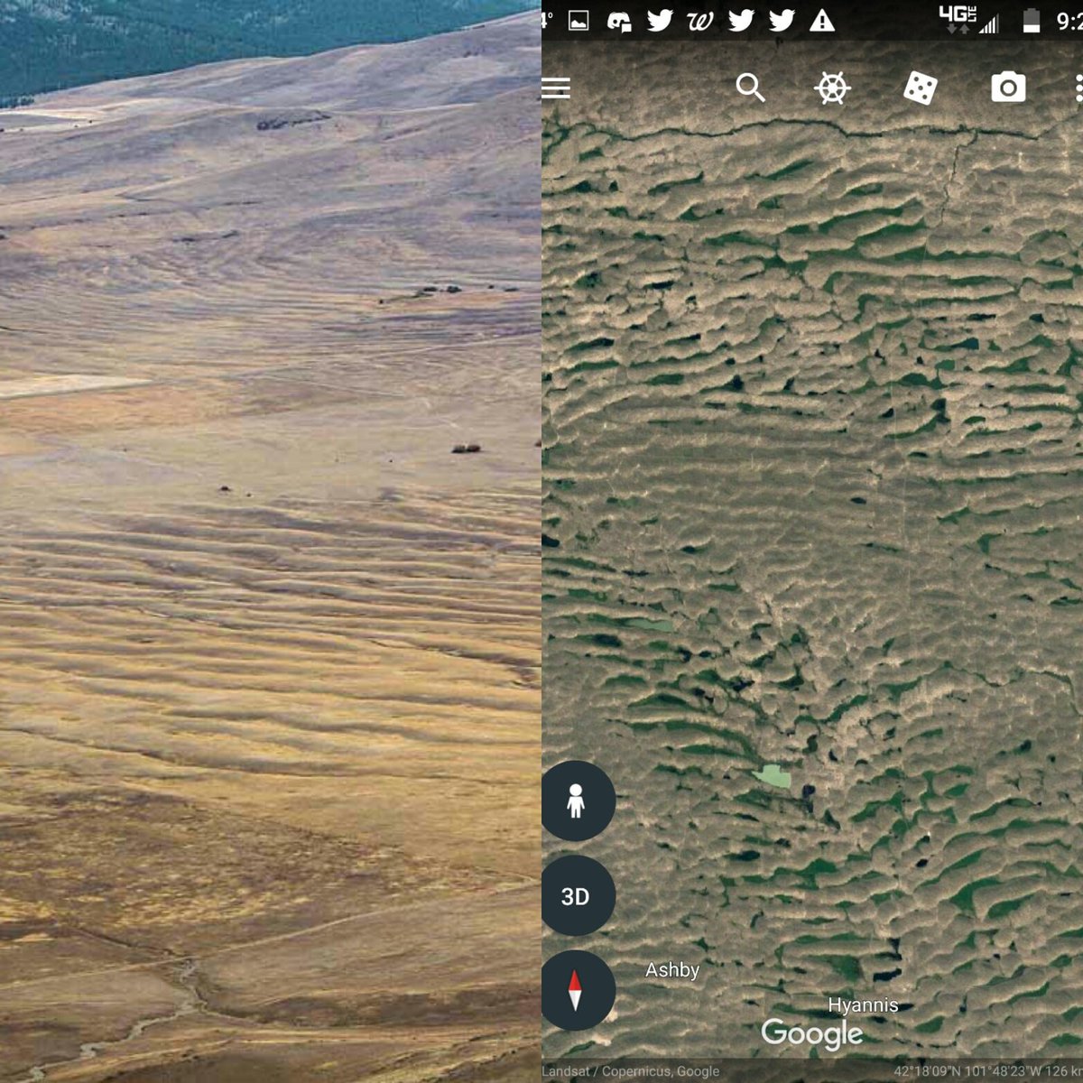 PlasmaCharged's tweet image. #randallcarlson photographic evidence of a flood. On the right is my evidence of half the state of nebraska. #floodmyth #youngerdryas