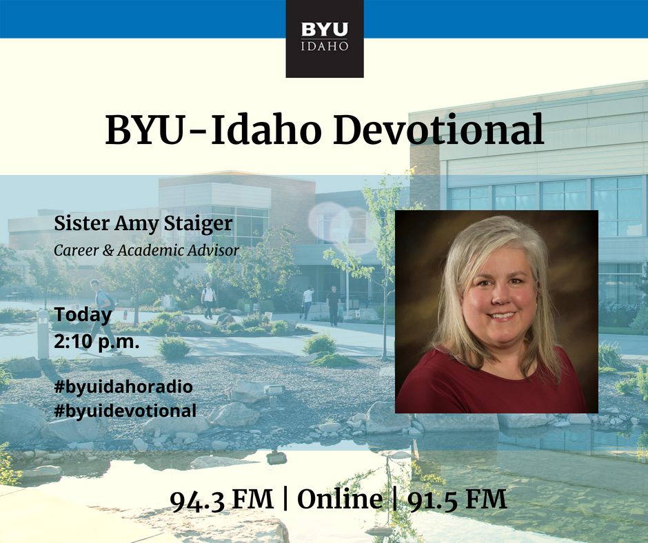 byuidahoradio's tweet photo. Join us at 2 for the live #BYUIDevotional broadcast. Today's speaker is Amy Staiger. Listen on the radio at 94.3, 91.5 or 88.3 FM or listen online at https://t.co/X2J7ChX2A5. #BYUIdaho https://t.co/ye65c9ErlB
