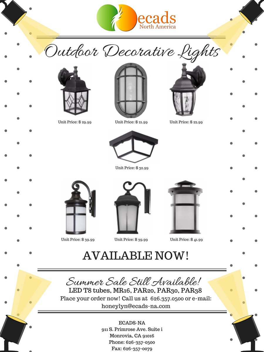 EcadsNA's tweet photo. Outdoor Decorative Fixtures Available Now! Place your order by calling us at 626.357.0500 or e-mail: honeylyn@ecads-na.com Spec sheets are available too. #LEDs #LEDlights #AvailableNow #SwitchtoLEDS https://t.co/5lfyWtwgeu