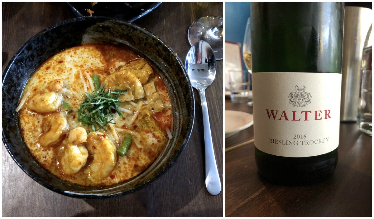 winematcher's tweet photo. Spicy and soupy, laksa isn't the easiest dish to pair with wine but this German riesling @SambalShiok last week was a great match https://t.co/26DhyeLMEm. Nice work @bittenwritten #matchoftheweek https://t.co/16ELJDlFGZ