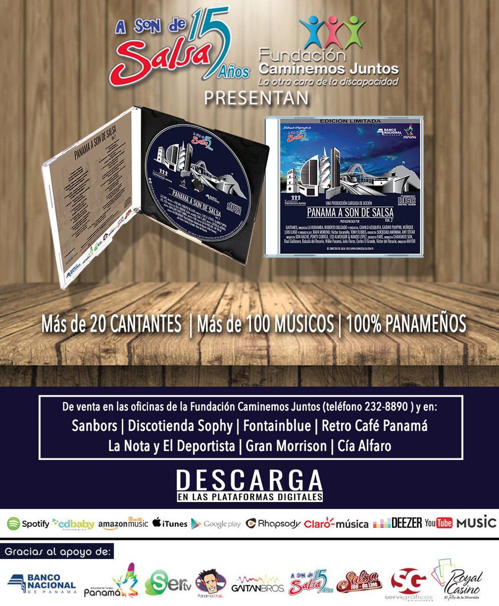 PabloBarrioP's tweet photo. Busca el cd "Panamá A Son de Salsa vol.2" que reúne más de 20 cantantes, más de 100 músicos, 100% panameños a beneficio de la Fundación Caminemos Juntos
PANAMÁ
- Sanborns
- Gran Morrison
- Discotienda Sophy 
- Fontainblue 
- Cía Alfaro
- Retro Café Panamá https://t.co/ru1Lp1MD9j