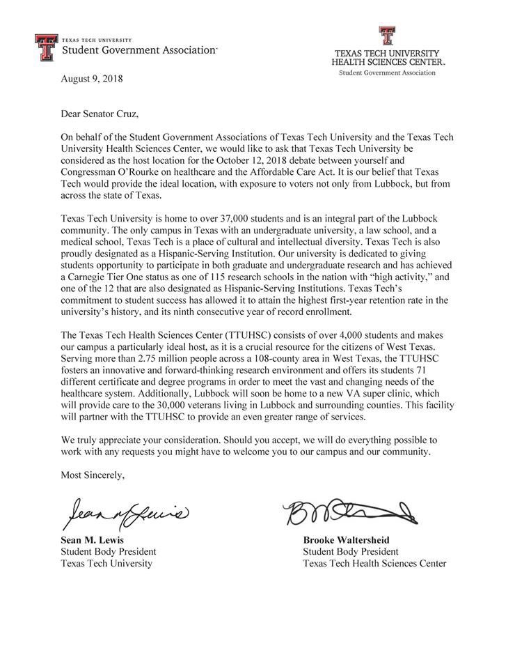 ttu_sga's tweet photo. TTU SGA &amp; TTUHSC SGA have extended invitations to @tedcruz and @BetoORourke, to host their Lubbock debate on healthcare &amp; the ACA on TTU’s campus. This would be a great opportunity to hear from the candidates on issues important to the community. Updates to come
#EngageRedRaiders https://t.co/fNP2jHl4QO