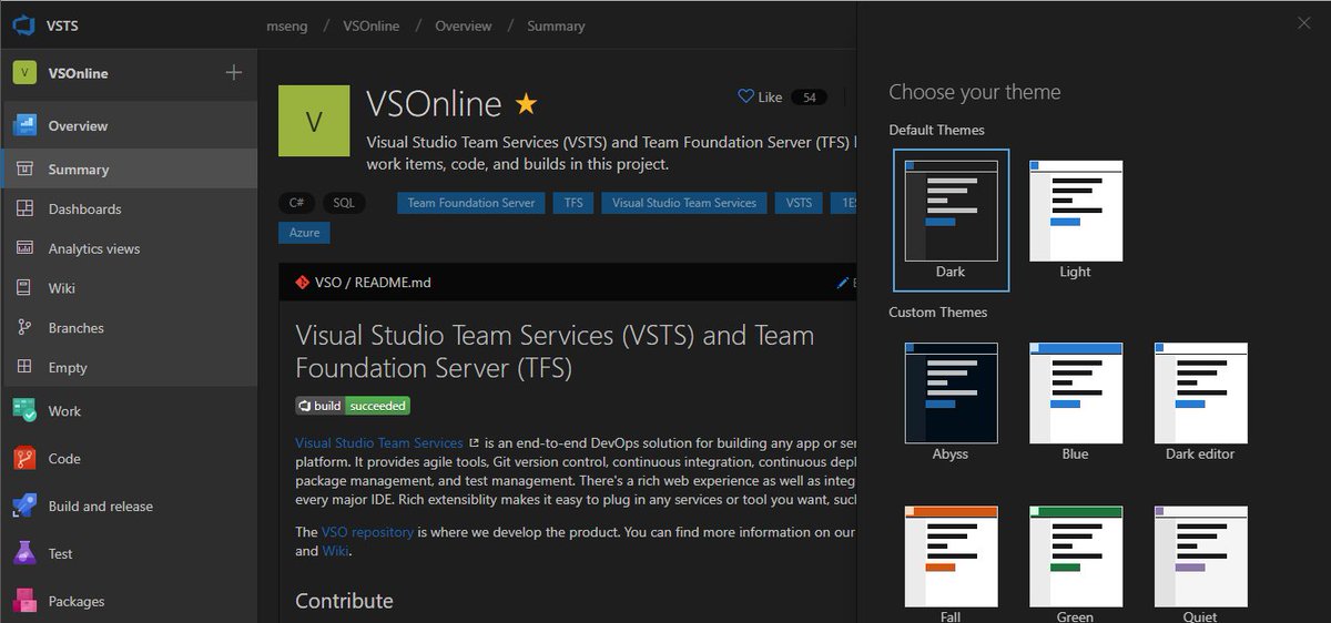 tfsbuck's tweet photo. Dark theme is coming to VSTS! It was the number one request in the feedback on the new navigation UI. The web platform team has built theming, and this sprint we'll be using it with our account &amp; working out the kinks. Preview in another sprint or so.

Actual screen shot... https://t.co/s3UwVvHdu2