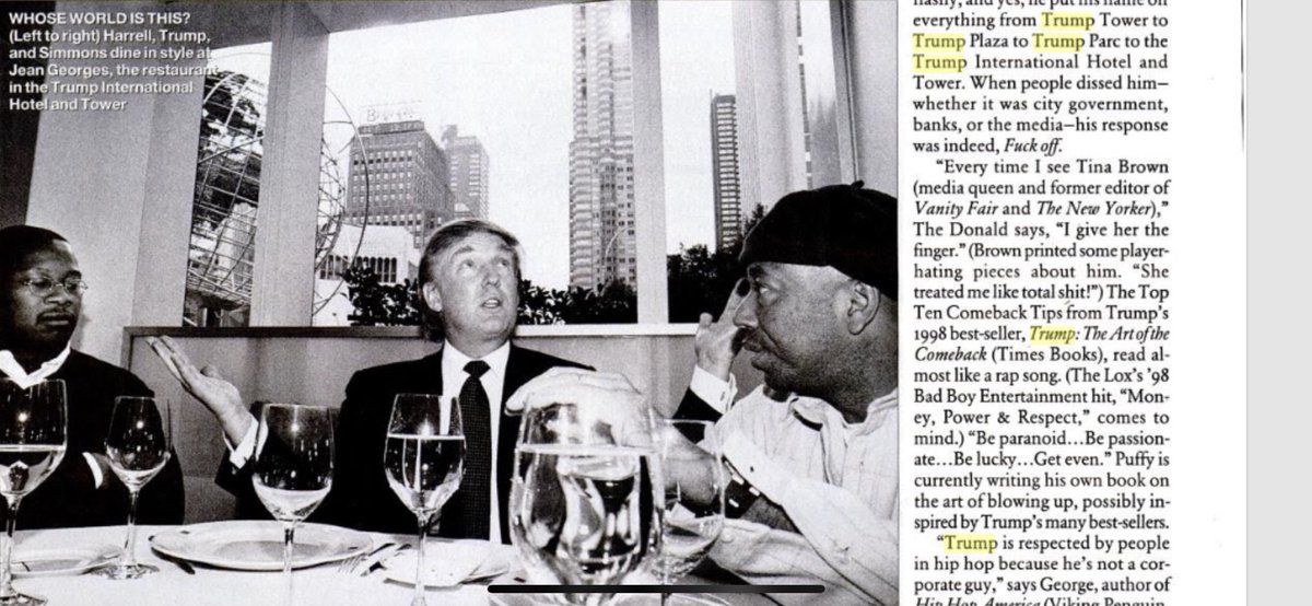 People refused to chill, of course, and so here is a pic of Trump literally eating dinner with Andre Harrell and Russell Simmons.
Sorry to inform you: Trump was once the toast of New York hip hop’s glitterati. I know. Sad.