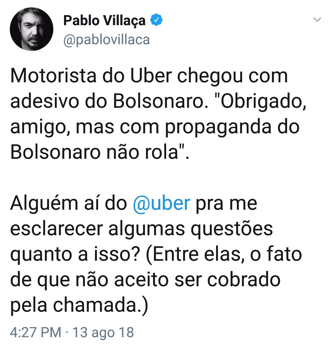 MullerDjoni's tweet photo. Senhor @pablovillaca , tome vergonha na cara e pare de expor o motorista do @Uber_Brasil . Se o cara estivesse com um adesivo do #BiCondenado #Lula aí ñ faria esse escarcéu todo, não é? Deixe de ser mimado e aceite a opinião dos outros. Ou melhor, dialogue ao invés de agredir. https://t.co/wQcwxlchcO