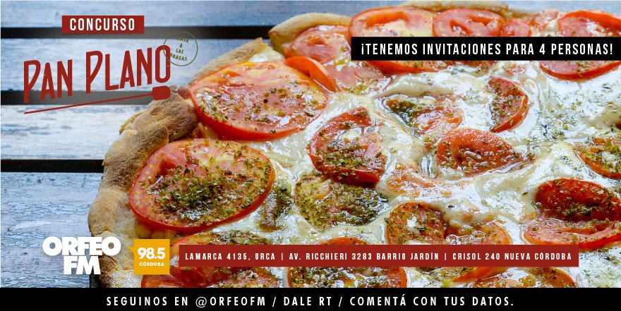 OrfeoFM's tweet photo. #RegresoAcasa con @emisanchez3 y @SantiGomezok 🍕Pegamos la vuelta con una invitación ideal para cortar la semana #cenax4 en #PanPlano‼Sumate con tus datos completos y contanos ¿que trabajo no podrías hacer nunca? 🤔 https://t.co/2Xw1VUzkav