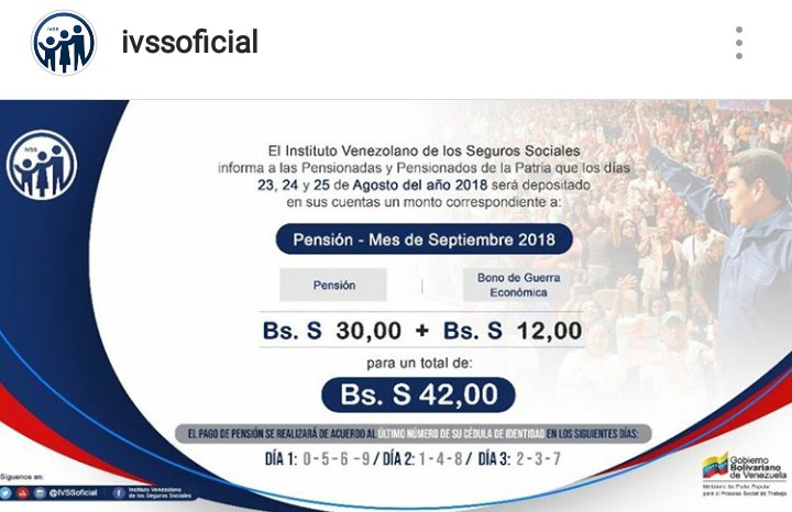 javargaspnegro's tweet photo. El #IVSS informa a nuestros pensionados que para los días 23,24 y 25 de Agosto se hará efectivo la pensión del mes de Septiembre https://t.co/wCt8Q6sRLu