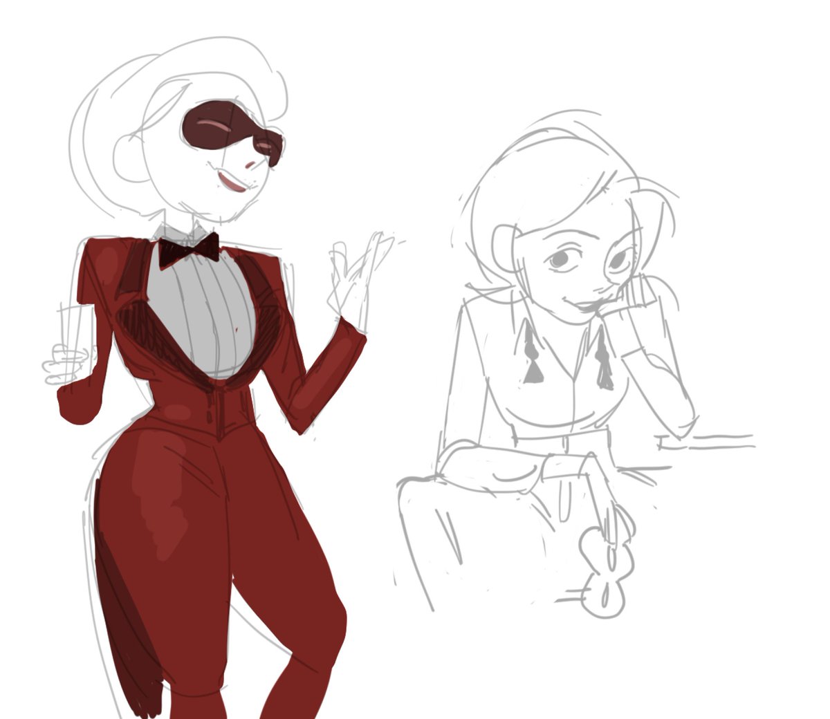 hattersarts's tweet image. helen in suits discussion on the discord morphed into helen in JANEWAY suit and wow ive never been more gay. plus some ferry doodles. im still weak for evelyn and styled hair