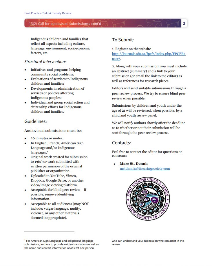 CaringSociety's tweet image. Knowledge is held and shared in many ways, submit your audiovisual work (film, audio recordings, interviews, art, etc.) for possible publication in our peer reviewed journal! New deadline of October 31, 2018 for submissions! To learn more visit fncaringsociety.com/sites/default/…