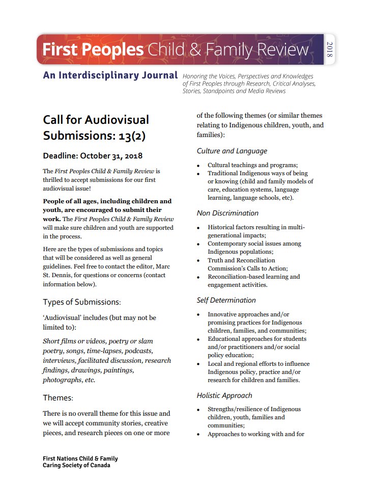 CaringSociety's tweet image. Knowledge is held and shared in many ways, submit your audiovisual work (film, audio recordings, interviews, art, etc.) for possible publication in our peer reviewed journal! New deadline of October 31, 2018 for submissions! To learn more visit fncaringsociety.com/sites/default/…