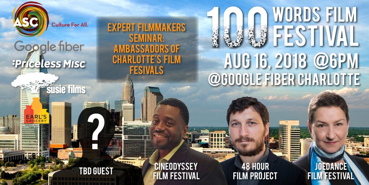 Our last Expert Filmmakers Seminar is this Thursday! Make sure to mark your calendars, we'll look forward to seeing you <a href="/googlefiber/">GFiber</a> #CLT.

#Filmmakers #filmfestival #QueenCity #Charlotte #networking #100Words #MakeItCount