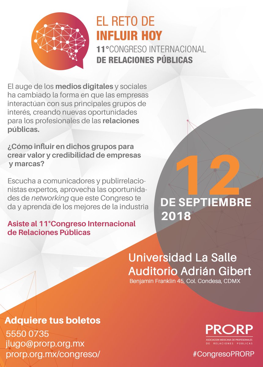 PRORPMexico's tweet image. Escucha a comunicadores y publirrelacionistas expertos, aprovecha las oportunidades de networking que este Congreso te da y aprende de los mejores de la industria.
#CongresoPRORP, 12 de septiembre en la @LaSalle_MX