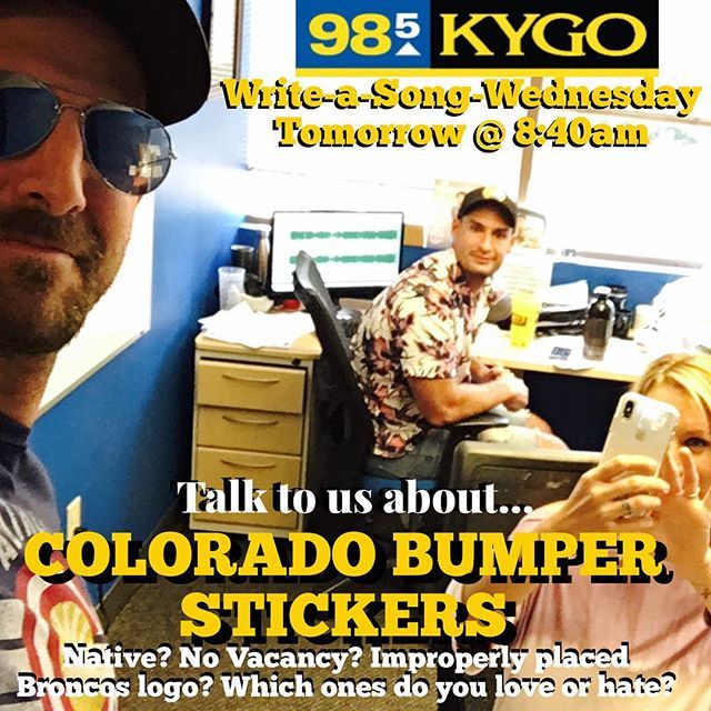 BucksteinMusic's tweet photo. It’s time for another #writeasongwednesday at @985kygo! Tomorrow’s topic “Colorado Bumper Stickers”. Or any bumper sticker really. Which one’s your fave? Or which one do you just love to hate? Hit me! 🎶🎙📻 #buckstein #985kygo #bringthefunny #bumpersti… https://t.co/tmEucu1JmC https://t.co/4uPUkYC3QO