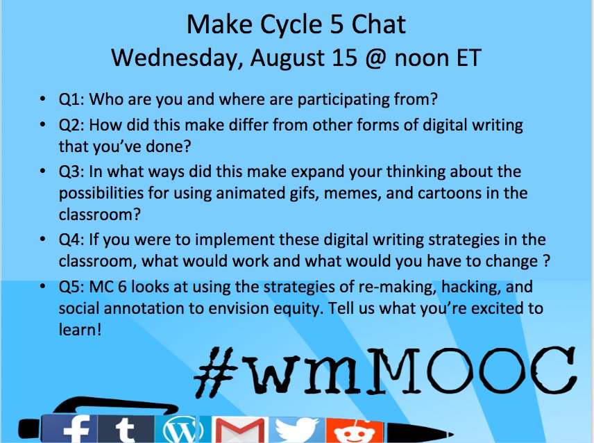 wmMOOC's tweet photo. Tomorrow at noon ET, join #wmMOOC participants for a Twitter chat about animated gifs, memes, and cartoons as strategies for digital writing in the classroom! https://t.co/ZUtgqGD1Gr