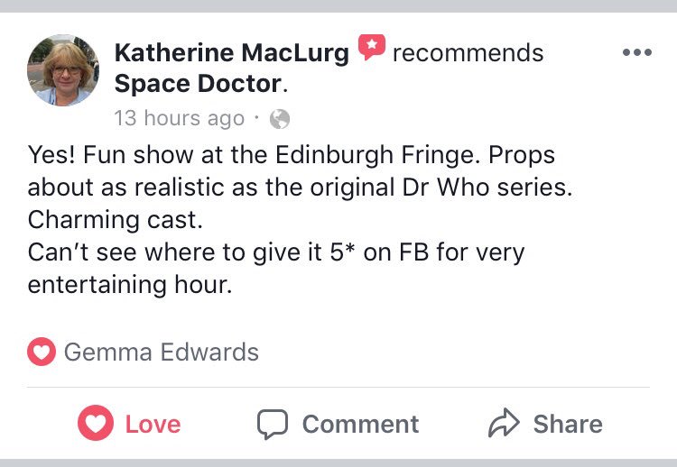 SpaceDoctorPlay's tweet photo. Great audience review of our show! Come see for yourselves. After a relaxing day off today, we play every day till Mon 27th August @Gildedballoon 12:15!
https://t.co/NiCrOIKEki
#DoctorWhofan #DoctorWho #DoctorWhoparody #SpaceDoctor #comedy #parody #edfringe #intotheunknown https://t.co/btrKdE9ydF