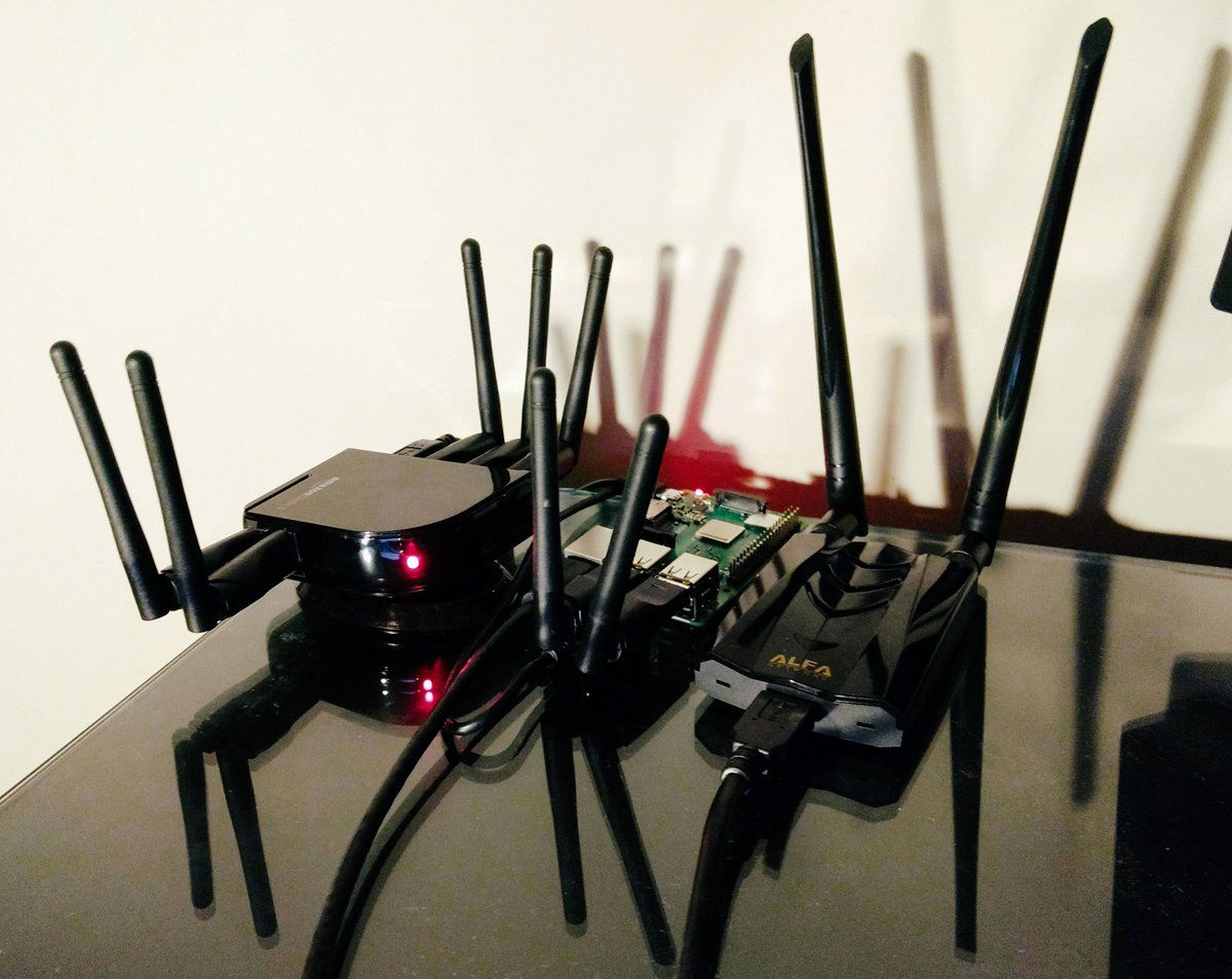 kd_sec's tweet photo. The wifi waves are covered.  #wifi reconnaissance and attack detection/stealth studies with this wifi spider looking beast.  #wifi #security #research #raspberrypi #learningthings https://t.co/LZMuXMA0ix