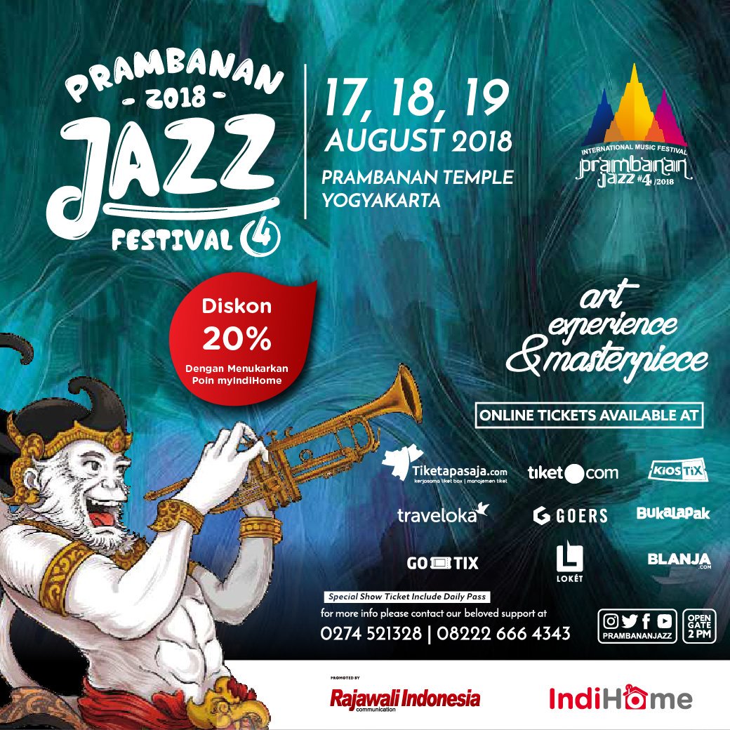 indihomeBDGonly's tweet photo. Prambanan Jazz Festival kembali digelar. Anda bisa menyaksikan musisi-musisi terbaik dunia tampil dengan nuansa megahnya Candi Prambanan. Tukar poin myIndiHome Anda dan dapatkan diskon 20% tiket Prambanan Jazz Festival untuk semua kelas. https://t.co/PPaWyYAsNZ