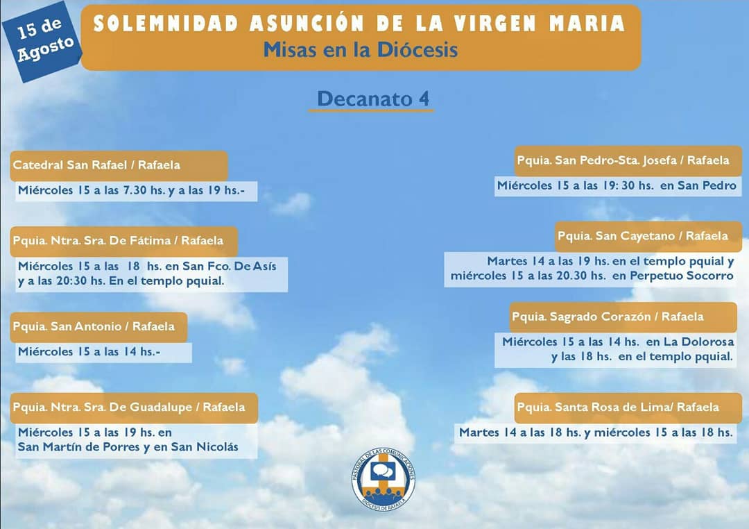 👉Horarios de Misas en la #DiócesisdeRafaela
Juntos celebramos la fiesta de la Asunción de la #VirgenMaría