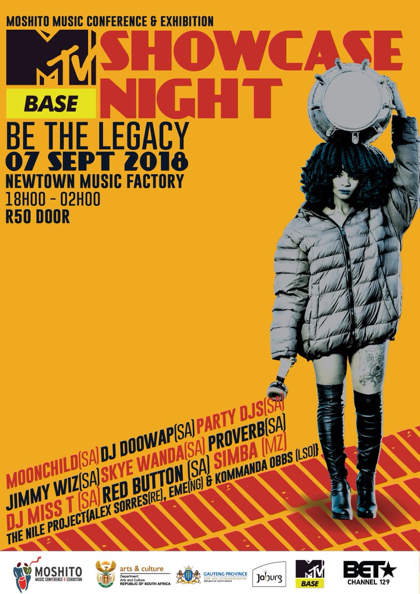 MoshitoRSA's tweet photo. MTV Base Showcase Night with  
@MoonSanelly @DJ_Doowap Party DJ's, Jimmy Wiz, Skye Wanda, @ProVerbMusic DJ Miss T @RedButtonSA Simba, The Nile Project,  EME &amp; Kommanda Obbs #BeTheLegacy 7 Sep. 2018 at Newtown Music Factory, 6pm - 2am. Entrance R50 #LongWalkToMusic  #Moshito2018 https://t.co/nOerVjDYHl