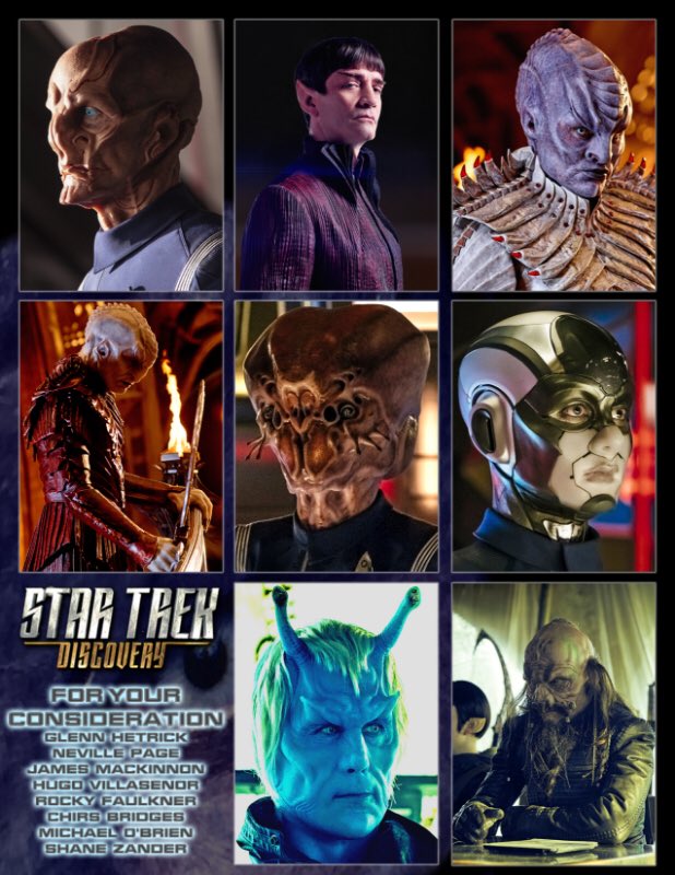 For your kind consideration in the Emmy category: Outstanding Prosthetic Makeup for Series, Mini-Series, Movie, or Special. 
Thank you to everyone involved, honored to be nominated this year. #creativeartsemmys2018 @StarTrek @startrekcbs @cbsallaccess #votingbegins @glenn_hetrick